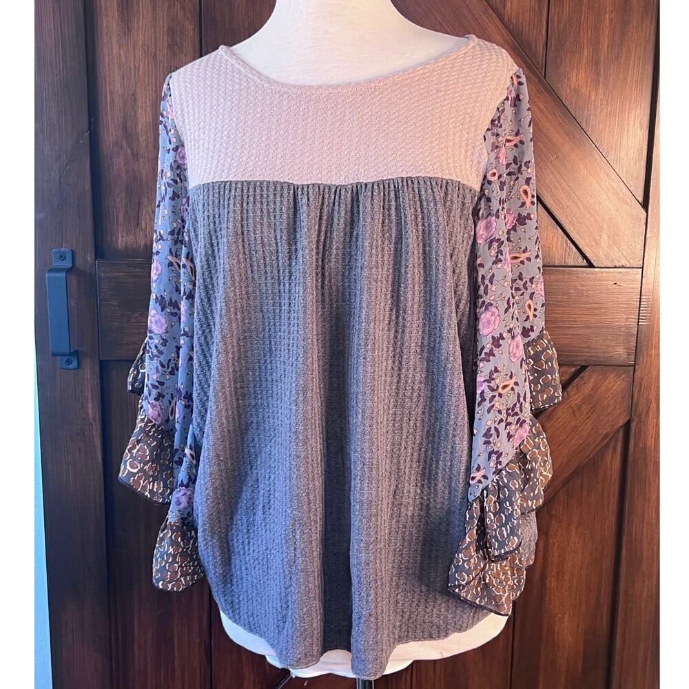 Umgee Waffle Knit Bohemian Grey Cream Top Floral Butterfly‎ Sleeves Women's S
